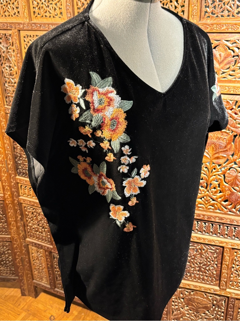 THML Black V-Neck Tunic with Floral Embroidery